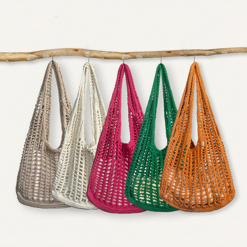 Hollow Crochet Mesh Shoulder Bag Bohemian Knitting Beach Bags for Women Woolen Yarn Woven Handbag Fishing Net Shopper Tote Bag