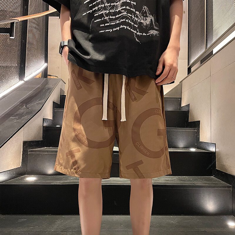 Shorts masculinos com letras estampadas, streetwear coreano, calça casual com cordão, tamanho grande, shorts de praia soltos, verão, 2024