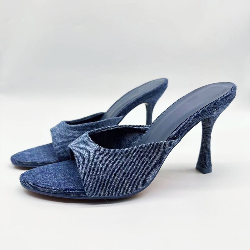 Zapatos de tacón alto para mujer, calzado de punta redonda, color azul, novedad de 2024
