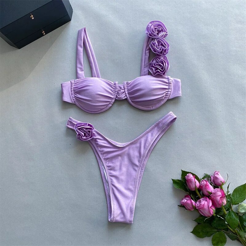 Para Praia-Bikini Bandeau plisado con flores en 3D Para mujer, traje de baño Sexy, Bikini brasileño Floral, 2024