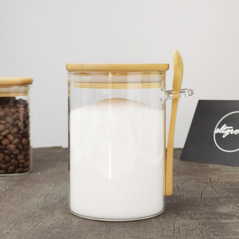 เก็บอาหารแก้ว Jar Clear Sealed กระป๋องพร้อมฝาปิดและช้อนชาสำหรับชาหลวมเกลือน้ำตาลกาแฟ Bean Preservation