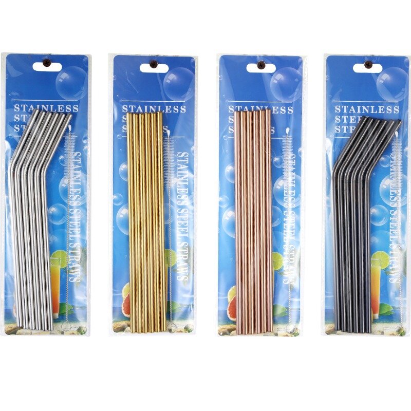 6pcs Reusable Metal Straws with Cleaner Brush 304 Stainless Steel Drinking Straw Milk Drinkware Bar Party Accessory 금속 빨대