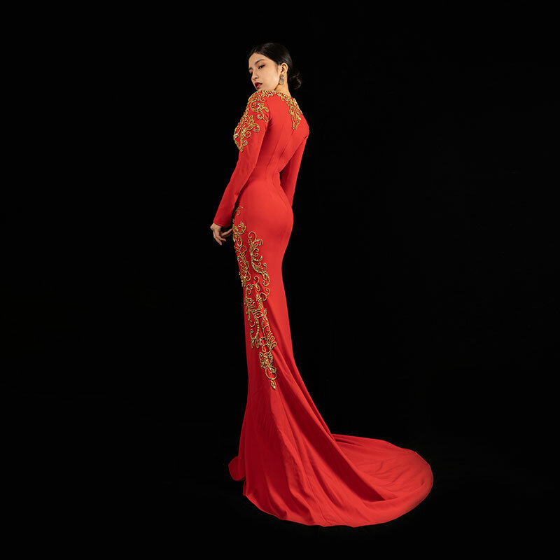 Luxury noble light luxury niche fishtail host long annual banquet slim-fit runway dress H1021