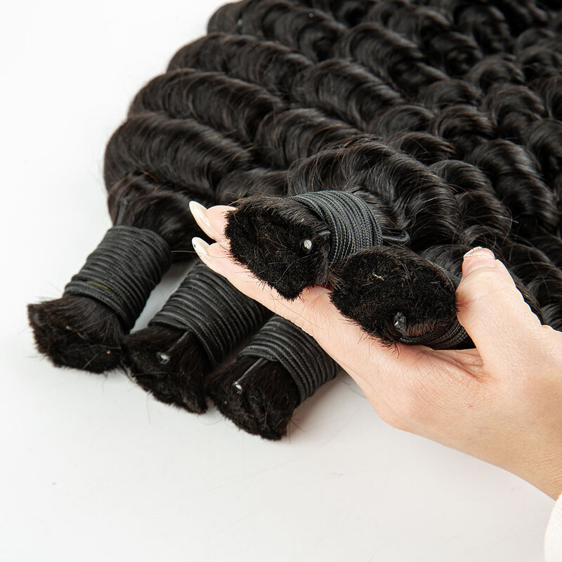 Curly Virgin Hair Bulk Extension, peruca de onda profunda, cabelo preto para tecelagem de cabelo, suprimentos do salão