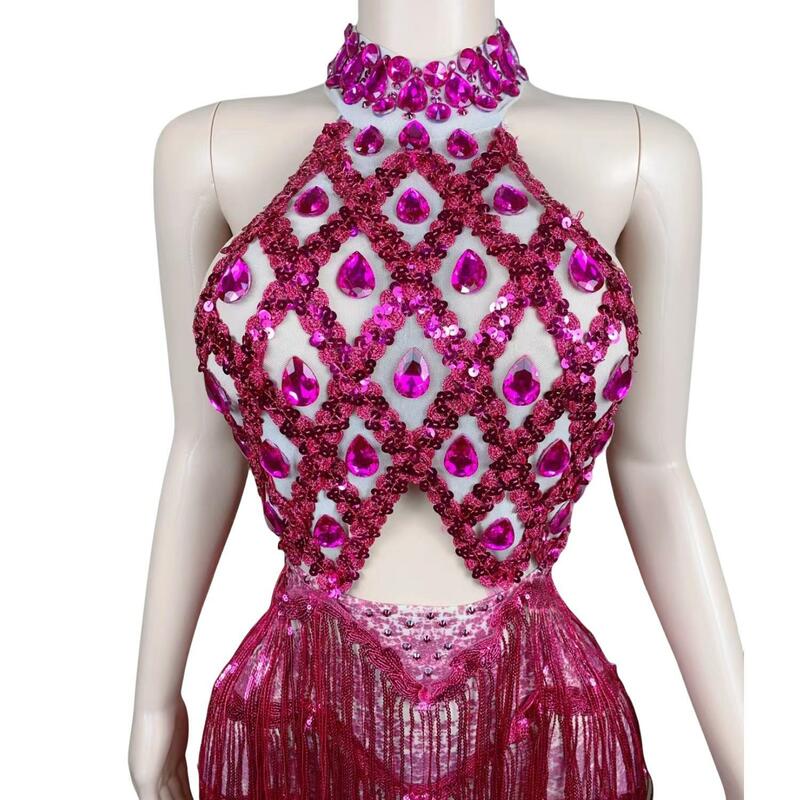 Sexy See Through Women Birthday Party Dress Luxury Sequin Rose Red Crystals Black Girl Mini Short Prom Dresses Tassel Sanjiao