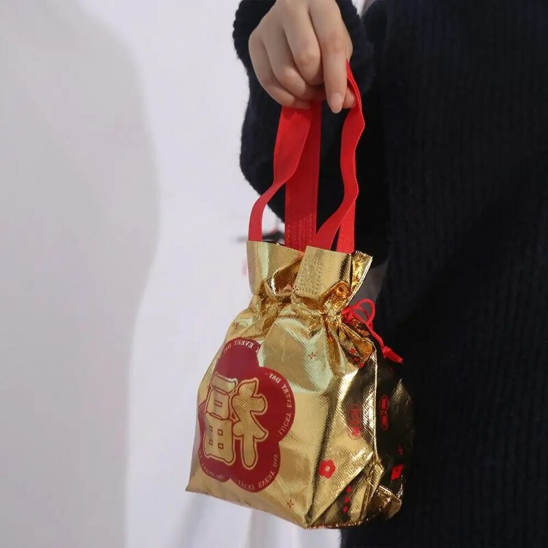 Tas hadiah tali serut pernikahan portabel, tas Tote Tahun Baru karakter Fu tas permen kain naga Cina