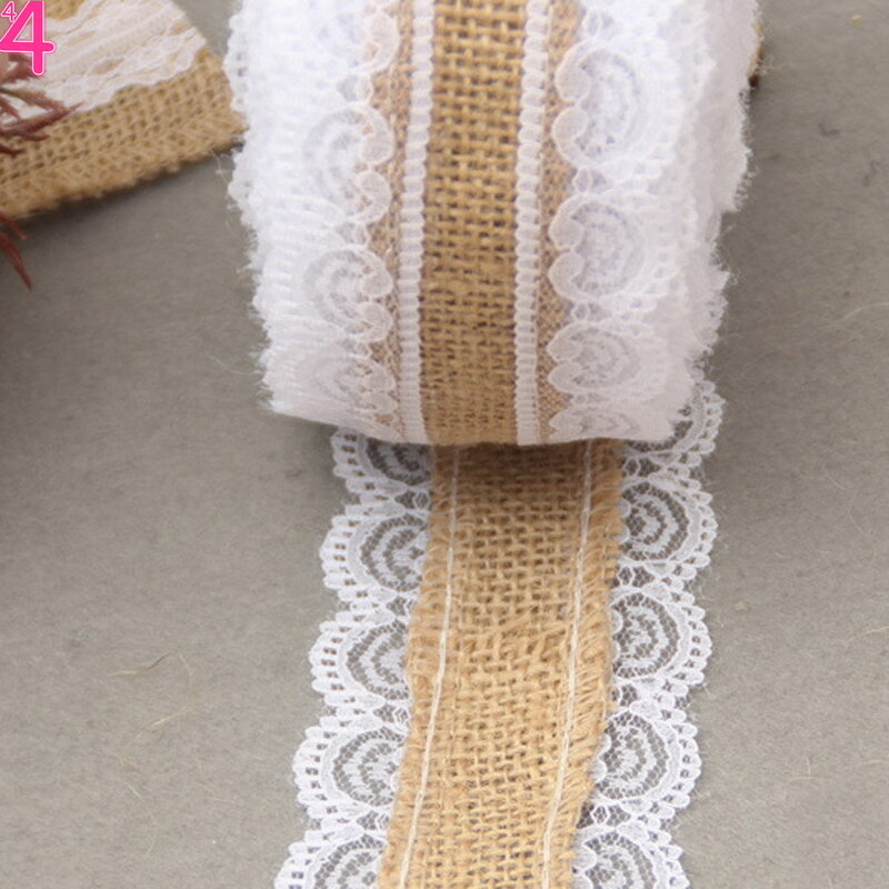 Rollo de cinta arpillera de yute natural Worldwell con encaje blanco para regalo de boda, fiesta, decoración del hogar