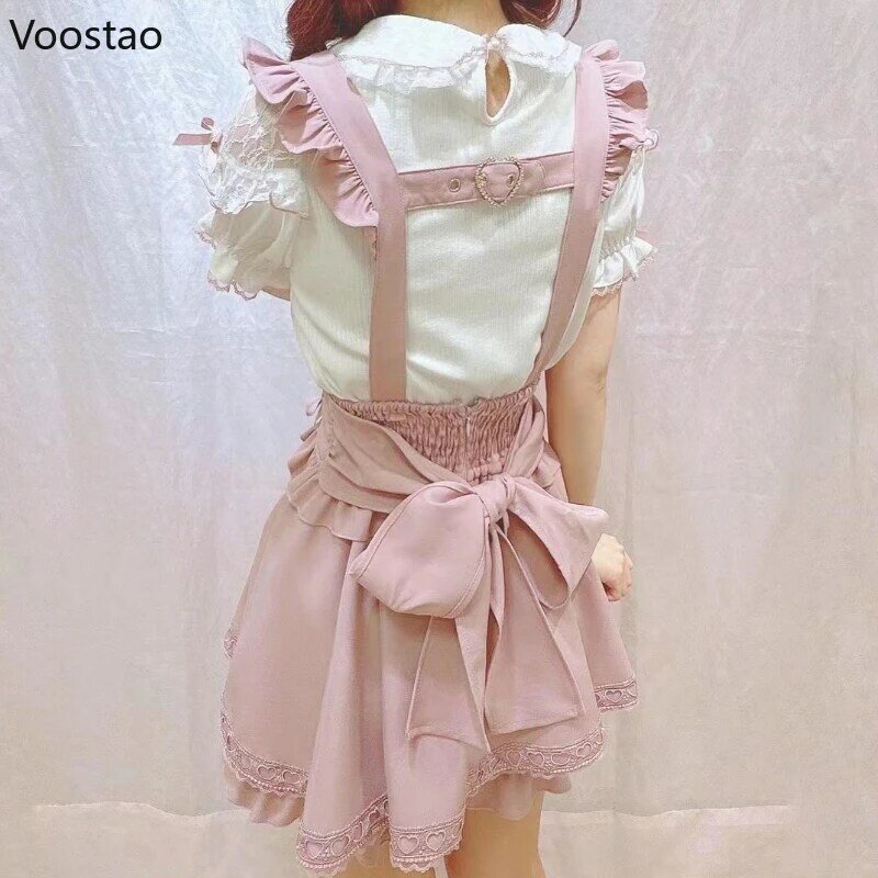 Japanese Gothic Lolita Ribbon Bow Diamond Pearl Buckle Removable Short Suspender Skirt Girls Sweet Cute Lace A-Line Mini Skirts