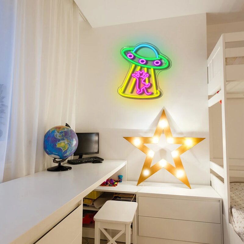 Tanda Neon UFO kucing lampu LED dapat diredupkan dekorasi ruang desain kreatif dinding seni USB Allmp untuk kamar tidur pesta Bar Gamer hadiah ulang tahun