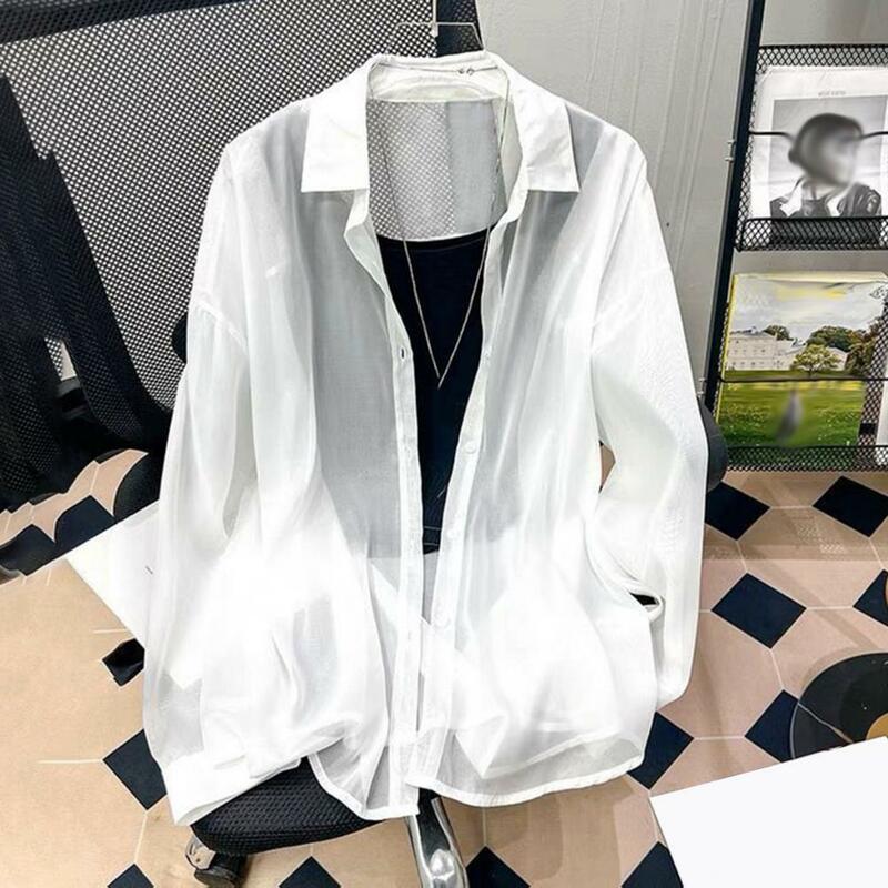 Blusa de manga comprida feminina, camisa lapela, casaco fino, peito único, roupa de proteção solar, verão