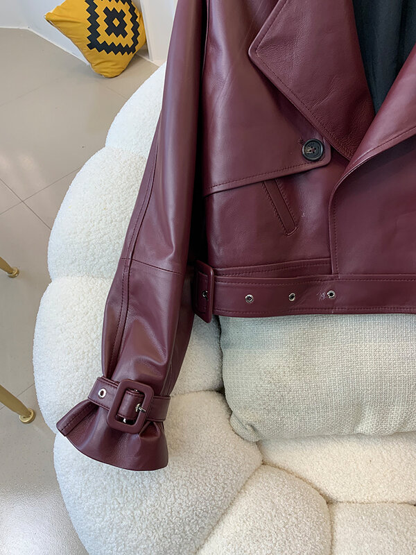 Casaco de pele de carneiro feminino, estilo europeu, jaqueta irregular de couro real, casacos e jaquetas de motocicleta, lapela