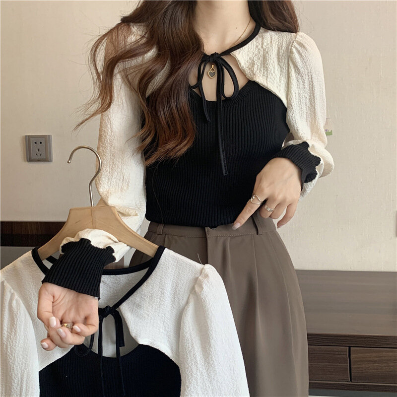Woherb Sweet Lace-up Round Collar T-shirt Women Fashion Hollow Out Long Sleeve Knitted T Shirts Female Slim Patchwork Short Top