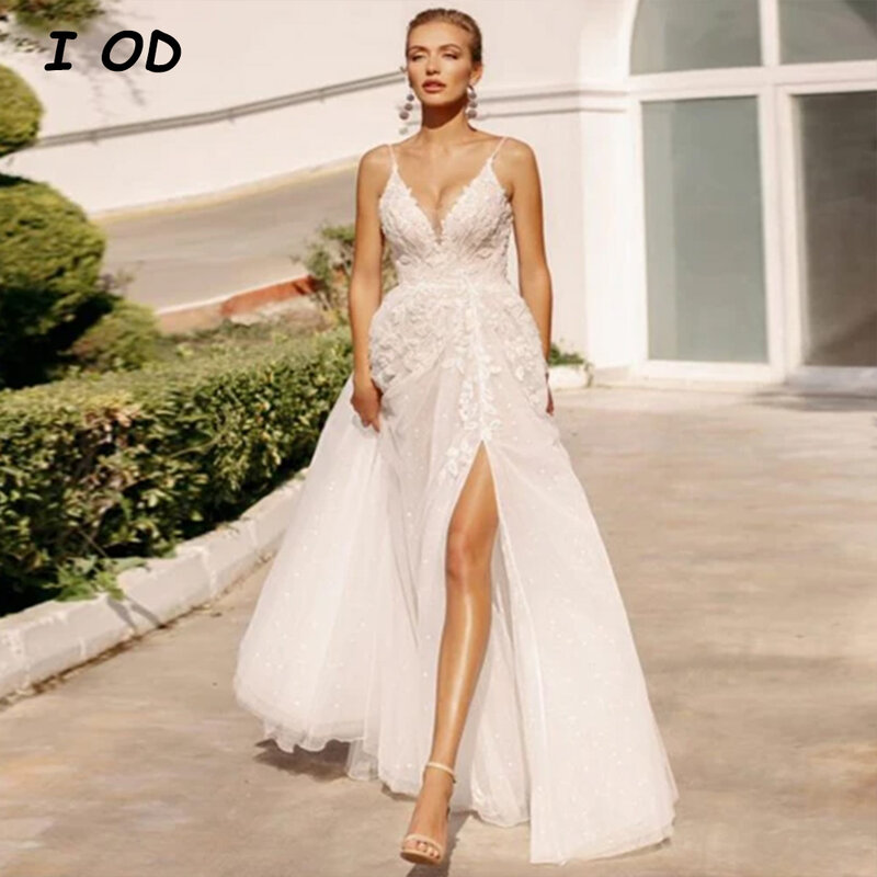 I OD Modern A-Line Wedding Dress V-Neck Spaghetti Straps Applique Sleeveless Backless High Slit Tulle Bridal Gown Robe De Mariee