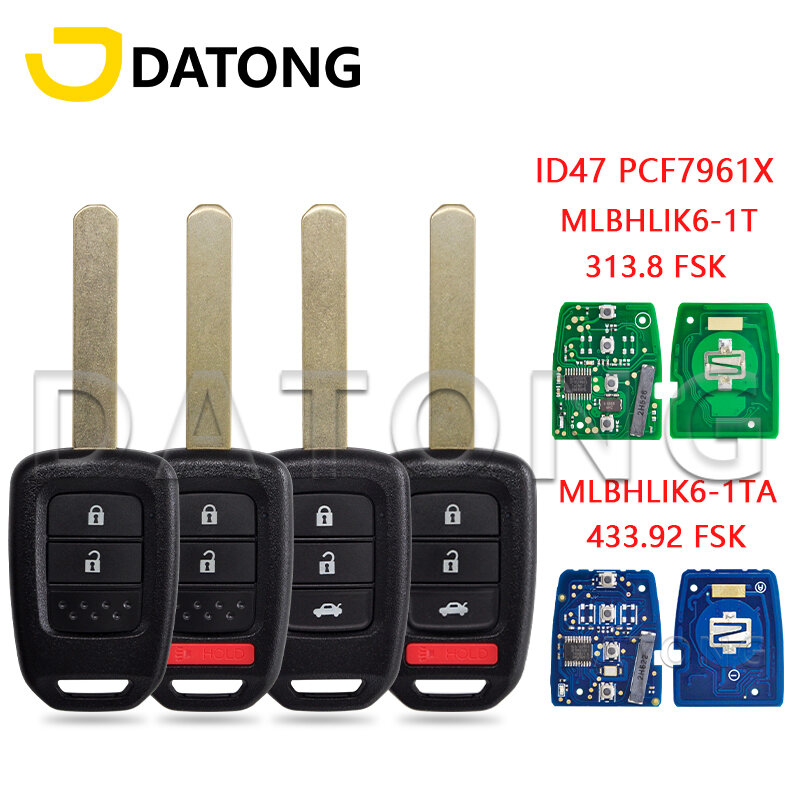 Chave do carro de Datong-mundo para o Acordo Cívico de Honda 2013-2017 CRV 2013-2015, ID47 PCF7961X, 313.8MHz, 433.92MHz, MLBHLIK6-1T/A, chave remota