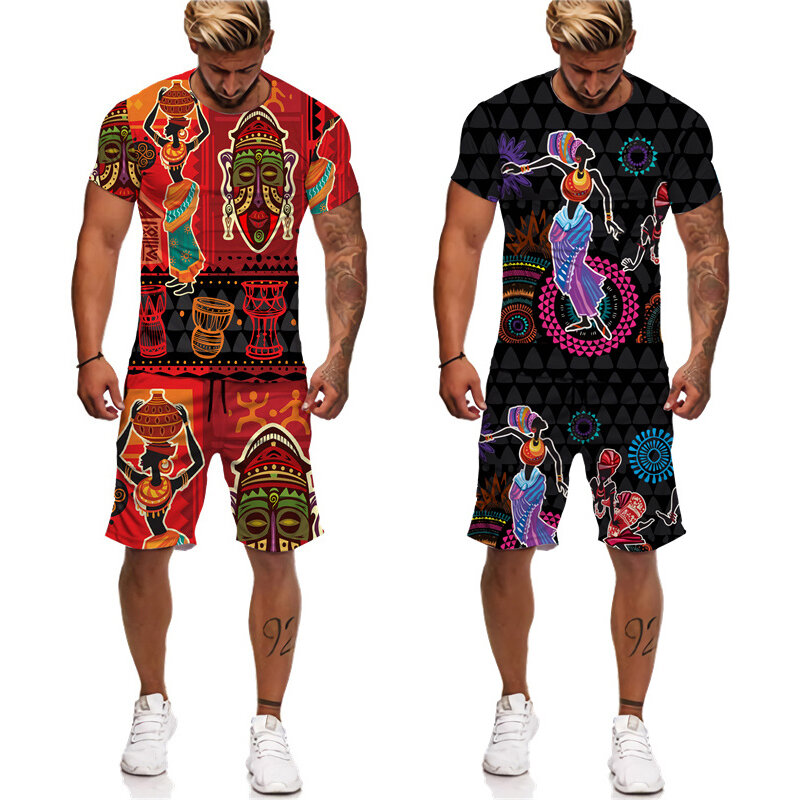 African Ethnic T-shirt Set Tracksuit Tribes 3D Printed Short Sleeve Pants 2 Piece Casual Suit Sportswear Oversized Men Clothing