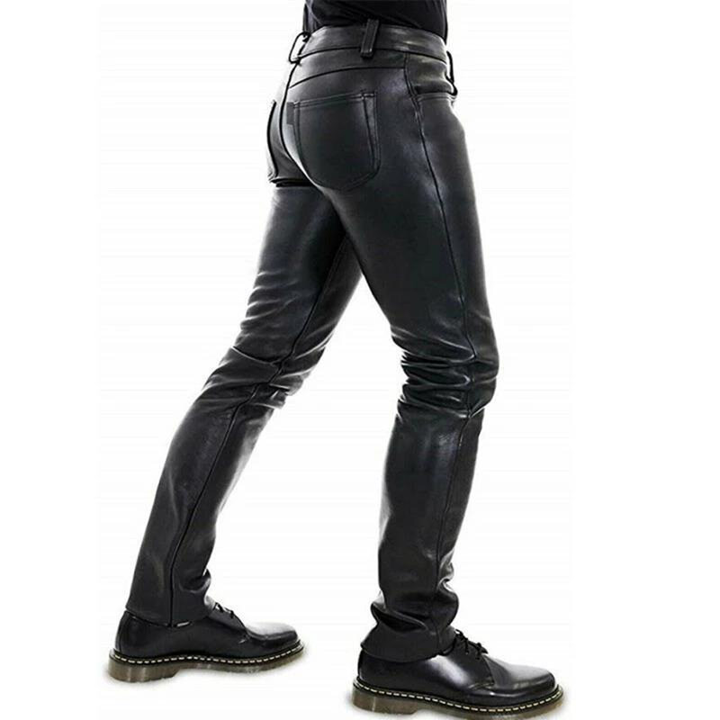 Celana Kulit Mewah Baru Pria Eropa dan Amerika Celana Pensil Ketat Rock Jalanan Celana Motor Punk Tren Klub Malam