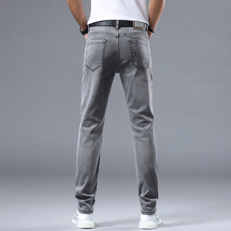 Celana jeans ringan pria, Bawahan bordir lurus ramping premium abu-abu, bagian tipis regang kasual 2024