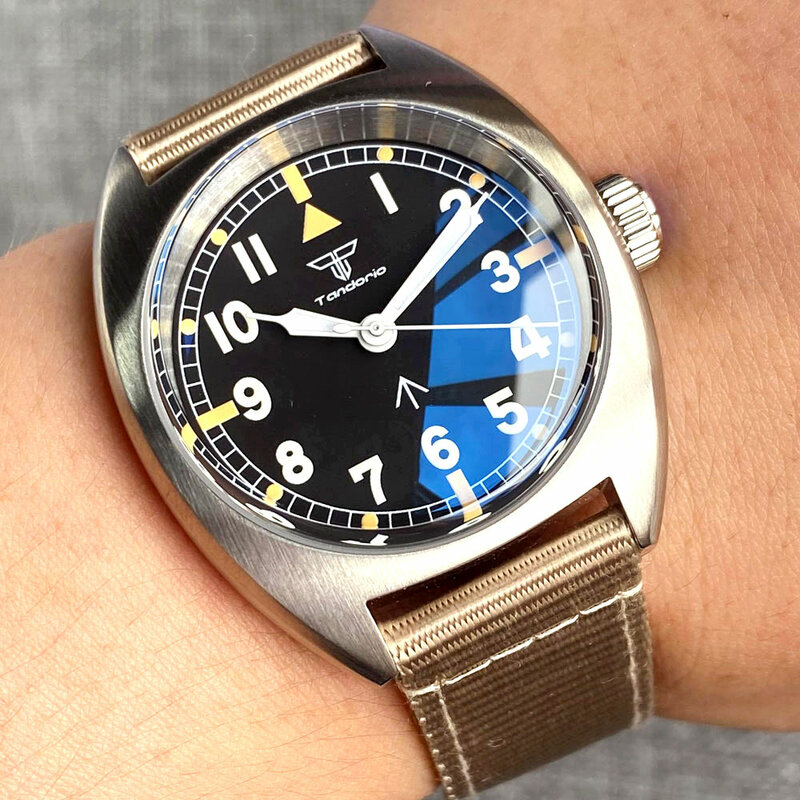 Nh35 pt5000 Kuppel Saphir Tandorio 36mm kleine mechanische Uhr für Männer Pilot Armbanduhr grüne Lume Nylon band Stahl Sport uhr