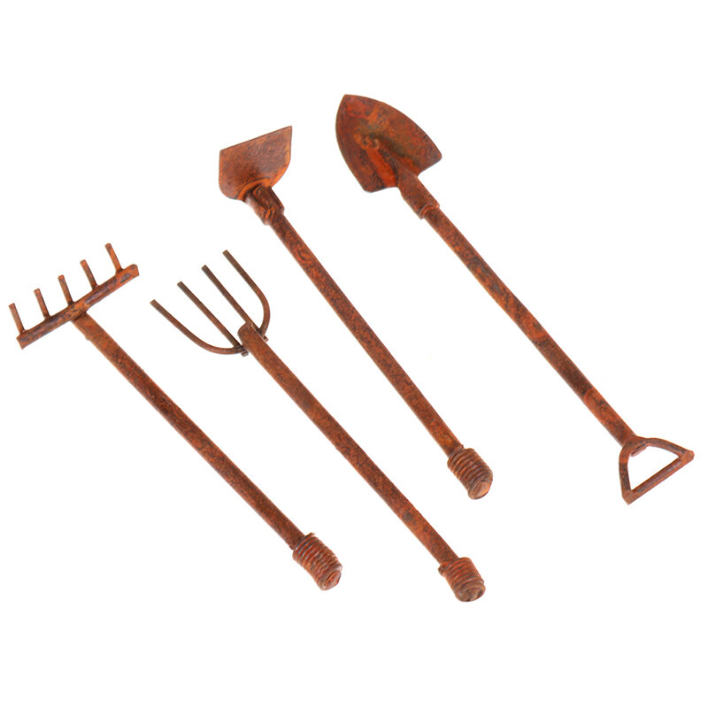Herramientas de jardín en miniatura de 4 piezas, artesanía de Metal oxidado, gnomos Pixies, juego de herramientas oxidadas para jardinería, accesorios de jardín de hadas, adornos