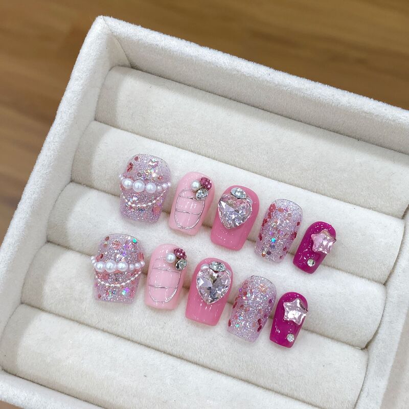 10Pcs Pink Ballet Handmade Press On Nails Full Cover Cat Eye Rhinestone Design Fake Nail Artificial Manicure Wearable Nail Tips