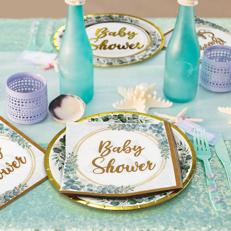 10 tamu Baby Shower emas piring kertas huruf cangkir serbet pesta dekorasi peralatan makan sekali pakai untuk perlengkapan pesta ulang tahun
