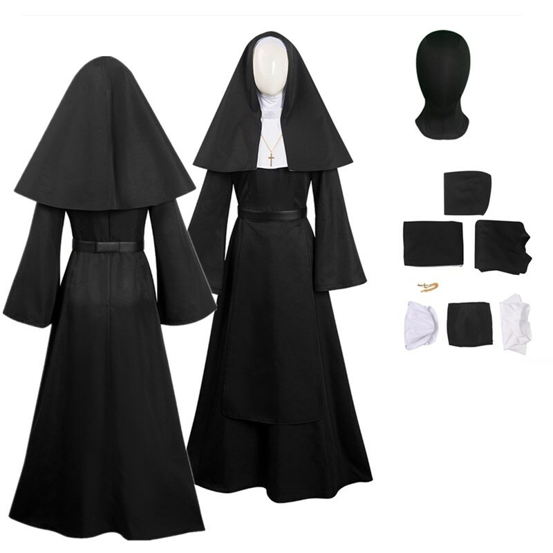 Nun Cosplay Costume Movie Fantasy Adult Women Hooded Robe Long Dress Necktie Outfits Halloween Carnival Disguise Party Suit