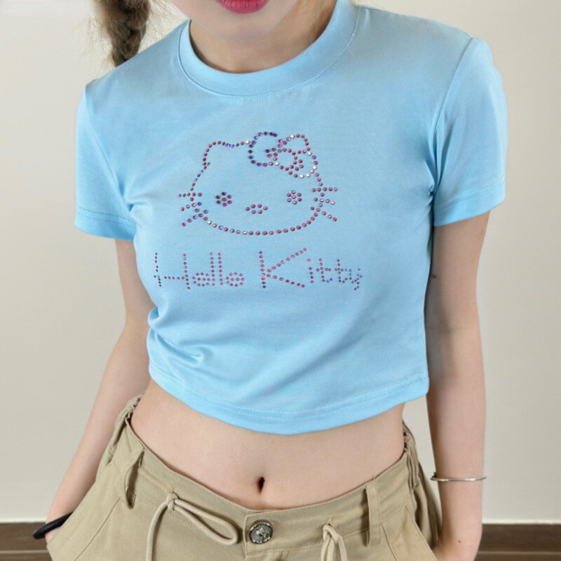 Sanrio Hello Kitty Rhinestone Cute Short Sleeve T-shirt For Women Y2k Summer Slim Pink Crop Tops Sweet Girl T-shirt Short Tees