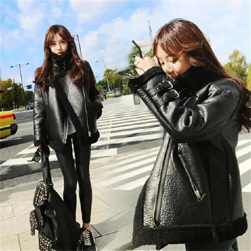 Herfst Winter Zwart Pu Leren Jas Vrouwen Koreaans Losse Lamwol Bont Geïntegreerd Jack Pluche Warme Jas Lamwol Lederen Outwear