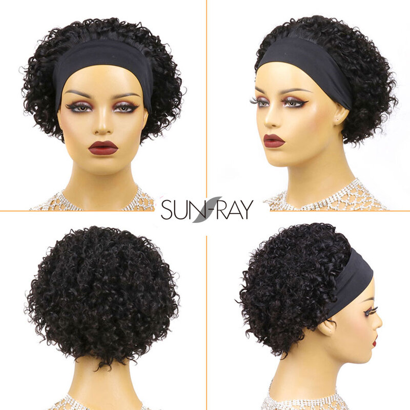 Peluca de cabello humano brasileño Remy para mujeres negras, pelo corto rizado con diadema, sin pegamento, hecho a máquina