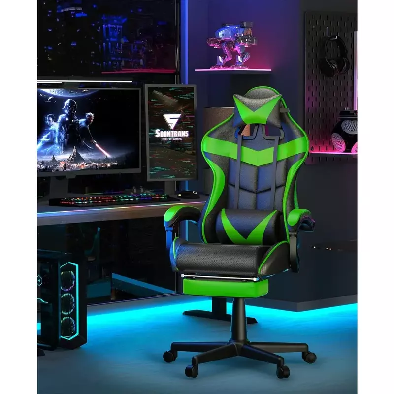 Ergonomischer Spiels tuhl mit verstellbarer Kopfstütze und Lordos stütze (Dschungel grün) Chaiselongue Stühle versand kostenfrei Stuhl für Schreibtisch