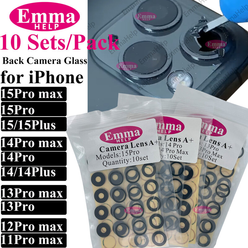 Emmahelp กระจกกล้องหลัง10เซ็ต/แพ็คสำหรับ iPhone 11 13 15 PRO MAX 13MINI XS 14Plus ฝาครอบเลนส์กล้องหลัง12Pro + สติกเกอร์กาว