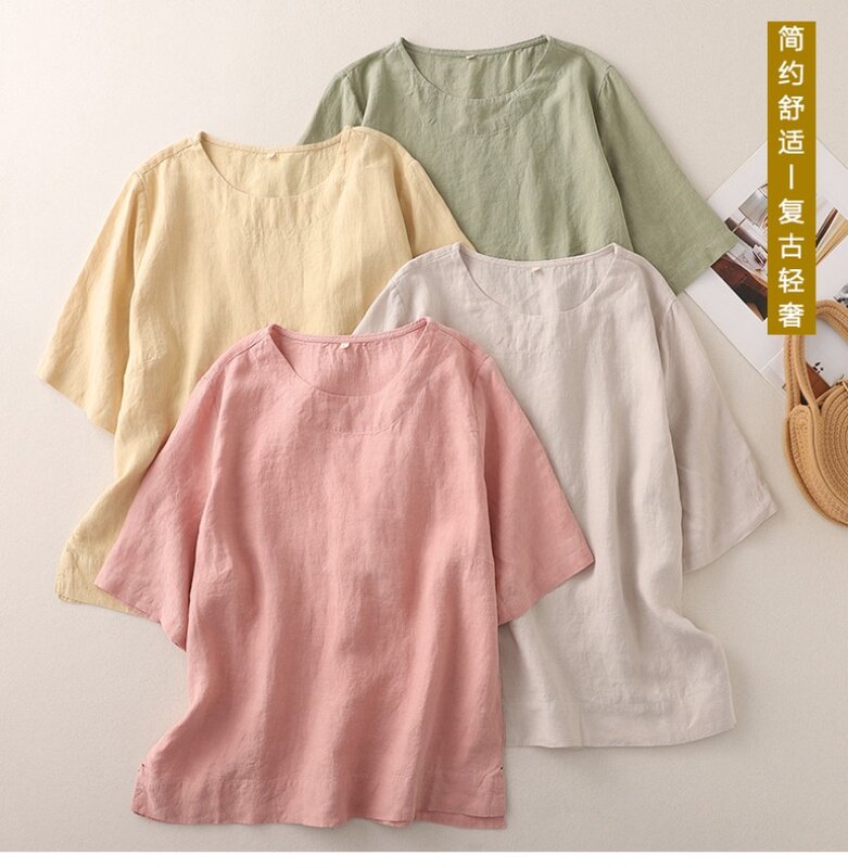 Bawełniana pościel koszula damska w stylu chińskim letnie solidne bluzki w stylu vintage luźna koszulka damska z krótkim rękawem odzież z okrągłym dekoltem 2024 koreański