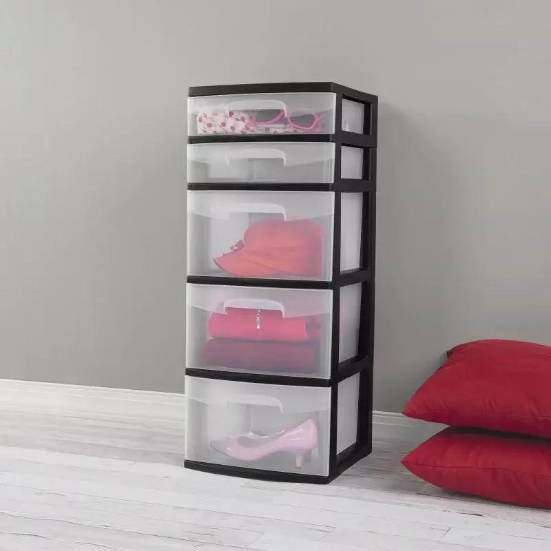 Sterilite Plastic 5-Drawer Tower, Black with Clear Drawers, Adult