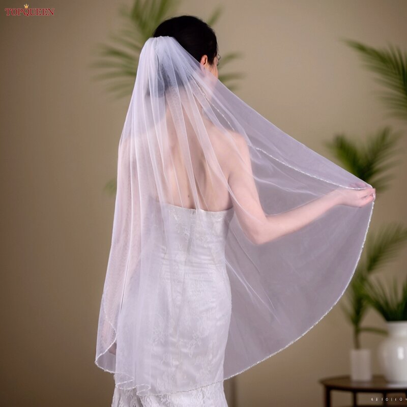 TOPQUEEN V107 Long Bridal Veils Crystal Beaded Wedding Veil with Crystal Edge 1 Tier Super Soft Bride to Be Veil Short