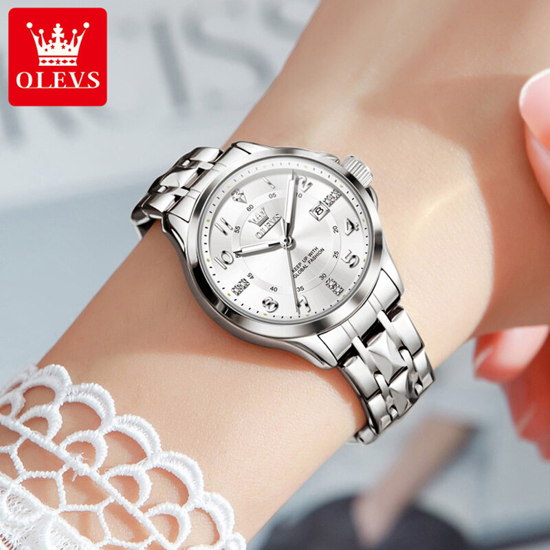OLEVS-reloj de cuarzo para mujer, cronógrafo de acero inoxidable, resistente al agua, con calendario, de lujo