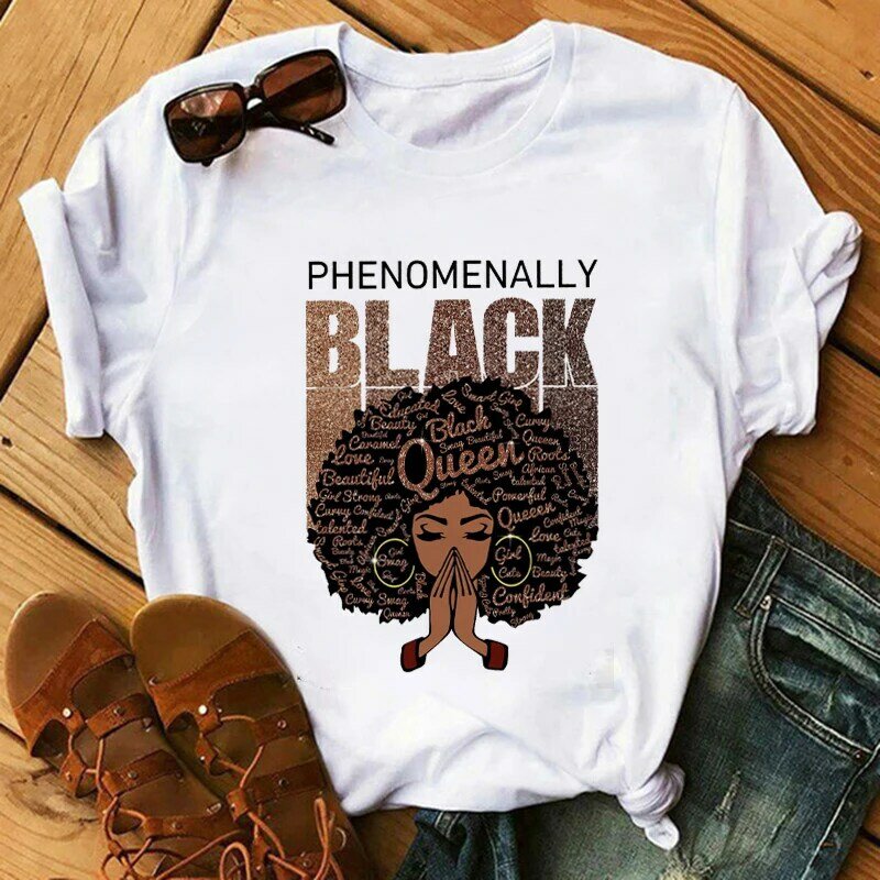 T-shirt imprimé à la mode pour femmes, cheveux bouclés africains noirs, t-shirts graphiques pour filles, t-shirt féminin esthétique, Kawaii Melanin, drôle