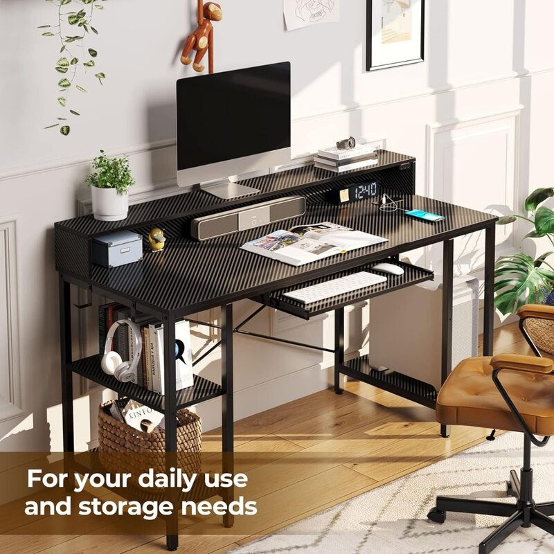Meja Komputer dengan lampu LED & stop kontak listrik, 47 ", meja Gaming dengan rak penyimpanan, meja kantor rumah dengan nampan Keyboard