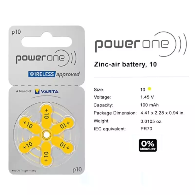 PowerOne P10 보청기 배터리, 아연 공기 1.45V 10A 10 a10 PR48 보청기 배터리, 60 PCs 10 카드