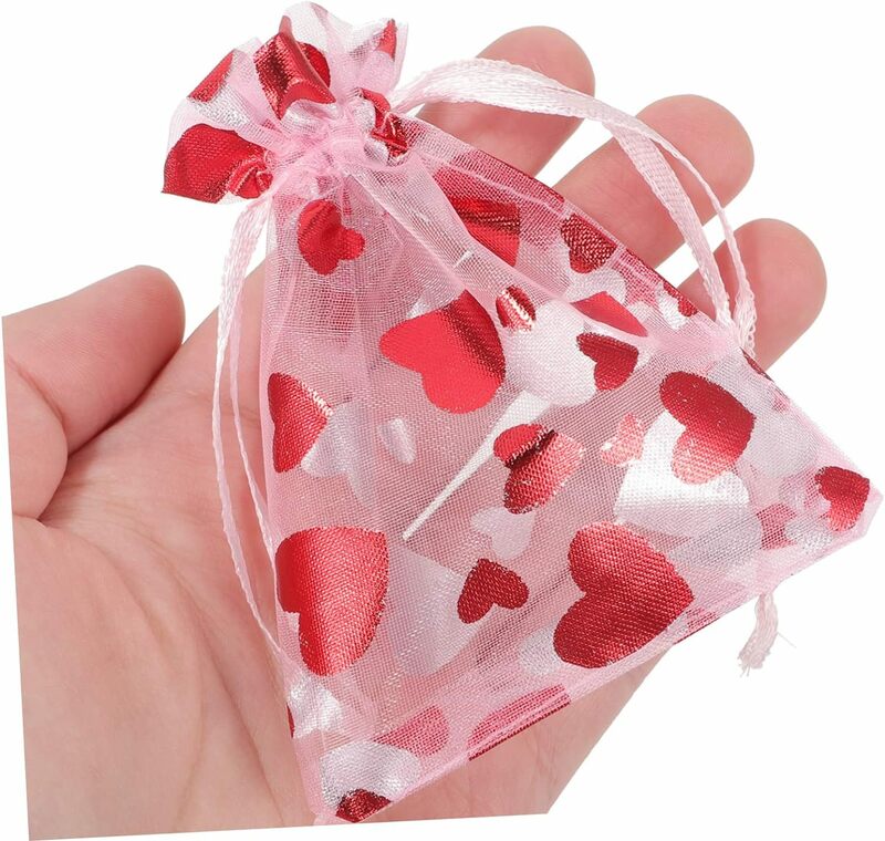 10 buah tas kemasan perhiasan tas Organza serut cetak hati tas hadiah pesta pernikahan Hari Valentine