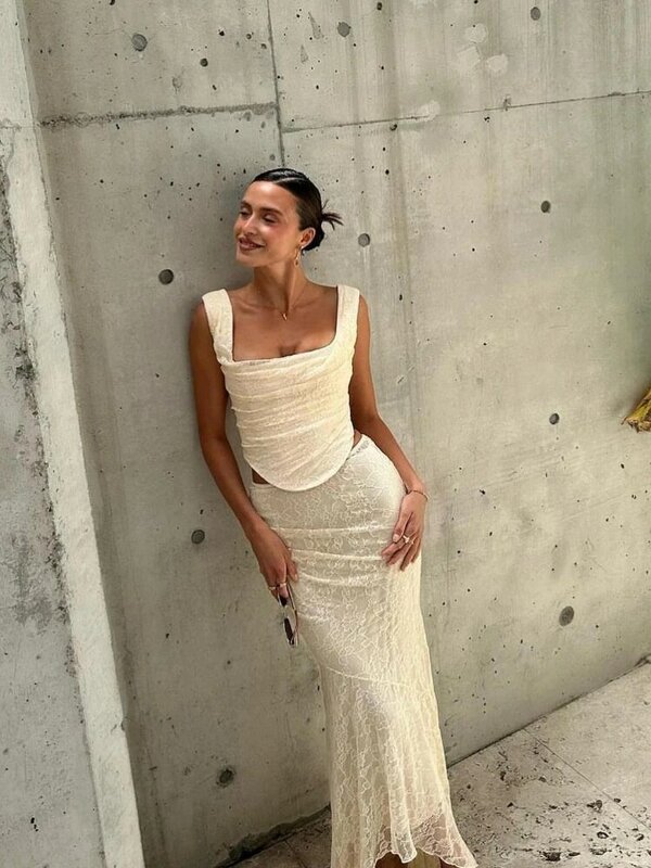 Suninheart Elegant Women 2 Piece Dress Set 2023 Maxi Wedding Guest Dress Lace Up Crop Top and Maxi Skirt Set Formal Event Dress