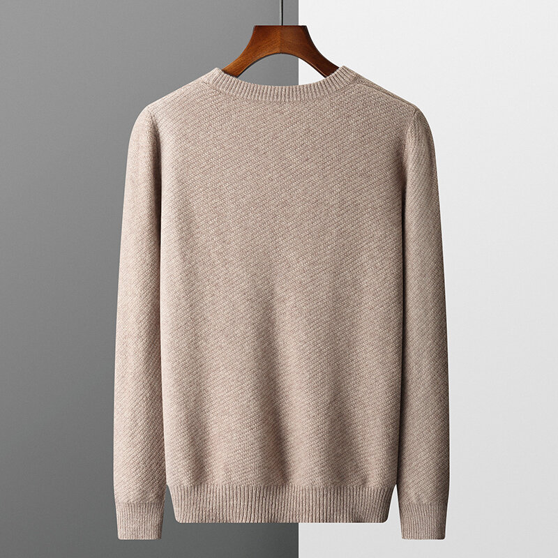 Suéter de cachemira Merina para hombre, Jersey de punto grueso de doble capa con cuello redondo de sarga de siete costuras, otoño e invierno, novedad de 100%
