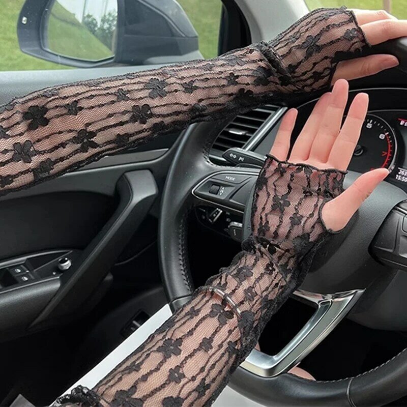 Fashion Long Lace Gloves Hollow-Out Fingerless Gloves Women Sun Protection Sleeves Mesh Lace Thin Hand Cycling Gloves Gym Gloves