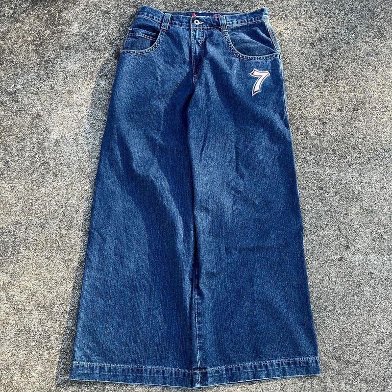 Джинсы JNCO в стиле хип-хоп, Размер 7, вышитые джинсы в стиле ретро, уличные синие свободные джинсы для мужчин и женщин, широкие брюки с высокой талией