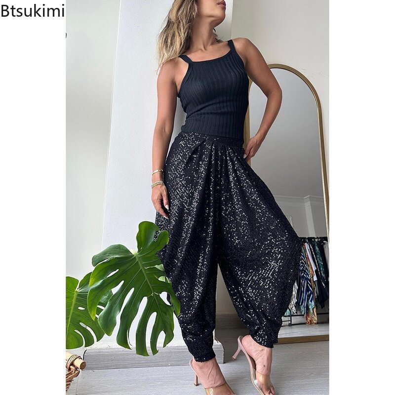 2024 Women's Fashion Sequined Patchwork Pants Spring Summer Female Casual Pants Loose Fit All Match Lady Elastic Waist Trousers