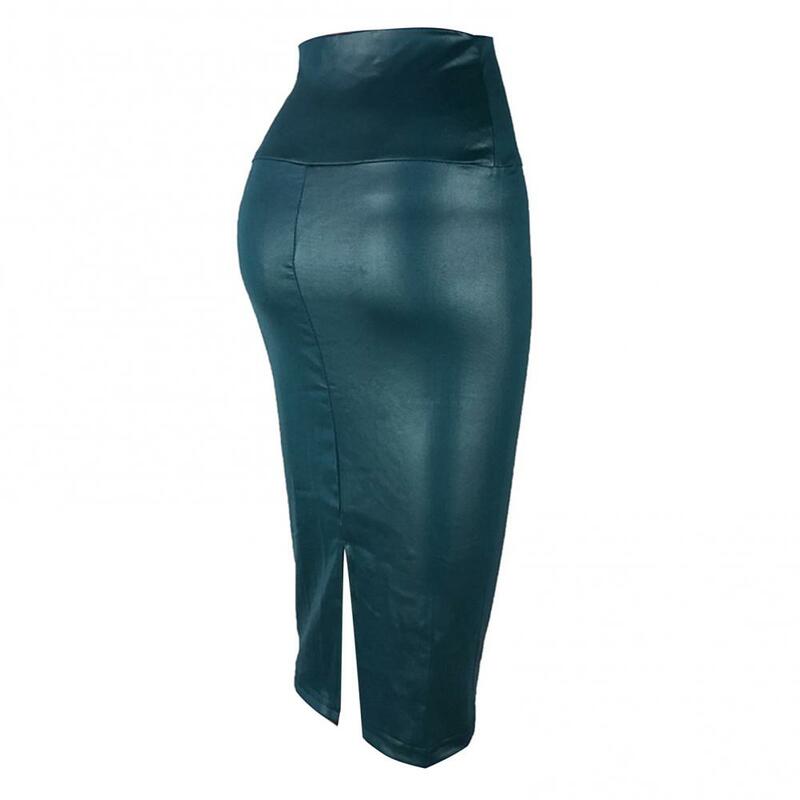 Falda ajustada de cintura alta para mujer, Falda de tubo de piel sintética dividida hasta la rodilla
