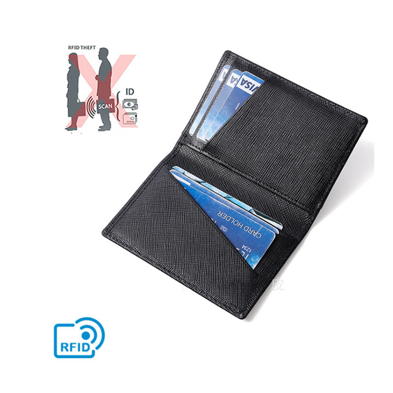 New Luxury RFID Bifold Small Card Wallet for Men Contrast Color Slim Cross Pattern Genuine Leather Men's Credit Card Holder