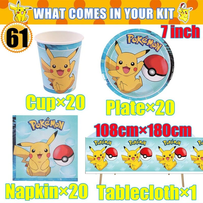 Pokemon Set perlengkapan pesta ulang tahun anak-anak, taplak meja kartun Pikachu, taplak meja sekali pakai, piring, serbet, dekorasi pesta ulang tahun