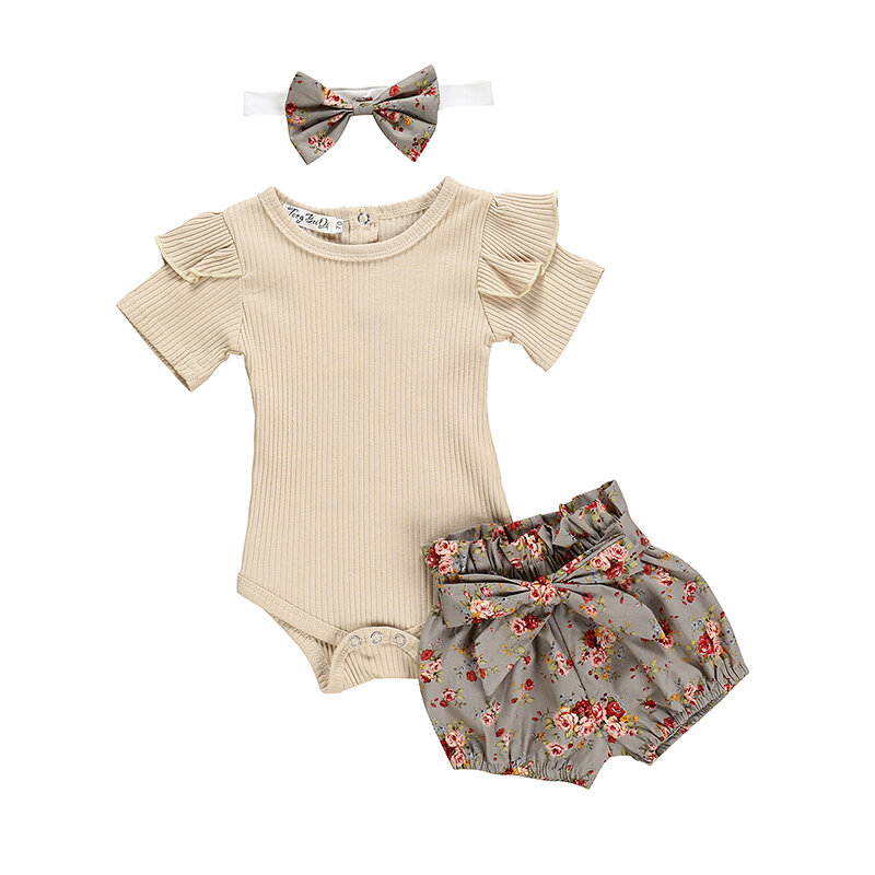 Letnia odzież niemowlęca noworodek dziewczynka marszczony kombinezon w jednolitym kolorze z krótkim rękawem kwiatowe krótkie spodnie opaska na głowę 3 sztuki stroje dla niemowląt