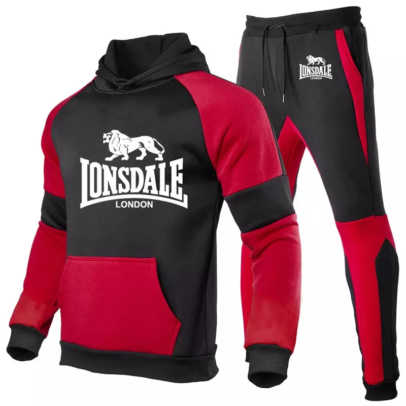 Lonsdale Set pakaian olahraga pria, Sweatshirt Pullover kebugaran dua potong, baju olahraga kasual pria baru musim semi 2024
