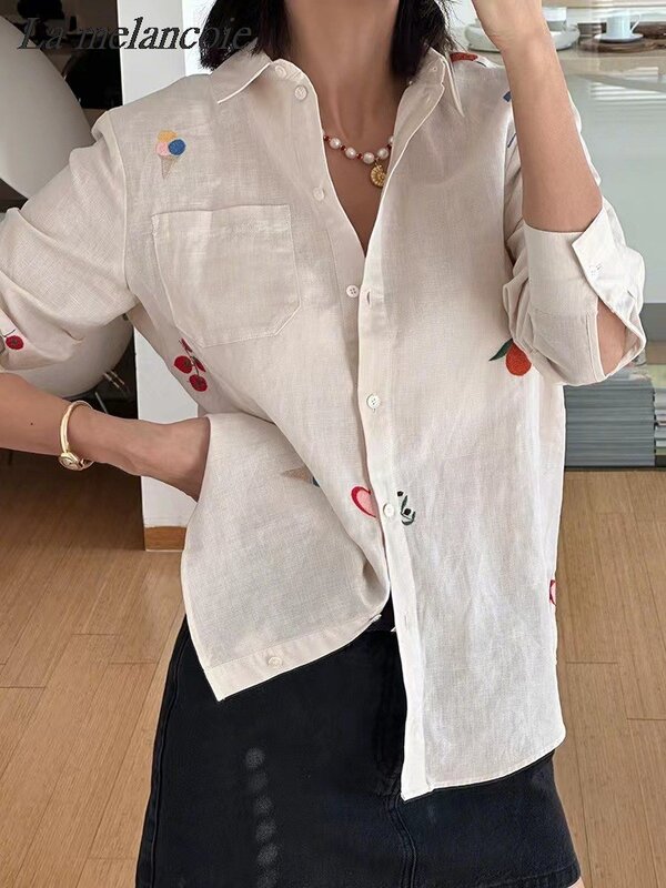 Camisa bordada de linho e algodão feminina, blusa solta, tops de manga comprida, gola virada para baixo, moda francesa, nova, primavera, 2022
